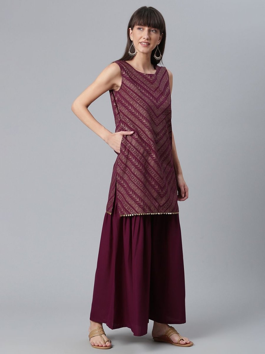 Ahalyaa Wine Crepe Glitter Print Kurta with Sharara and dupatta Set