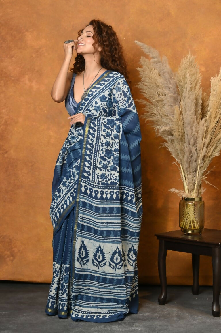 Very Much Indian Handblock Printed Cotton Saree With Natural Dyes - Blue