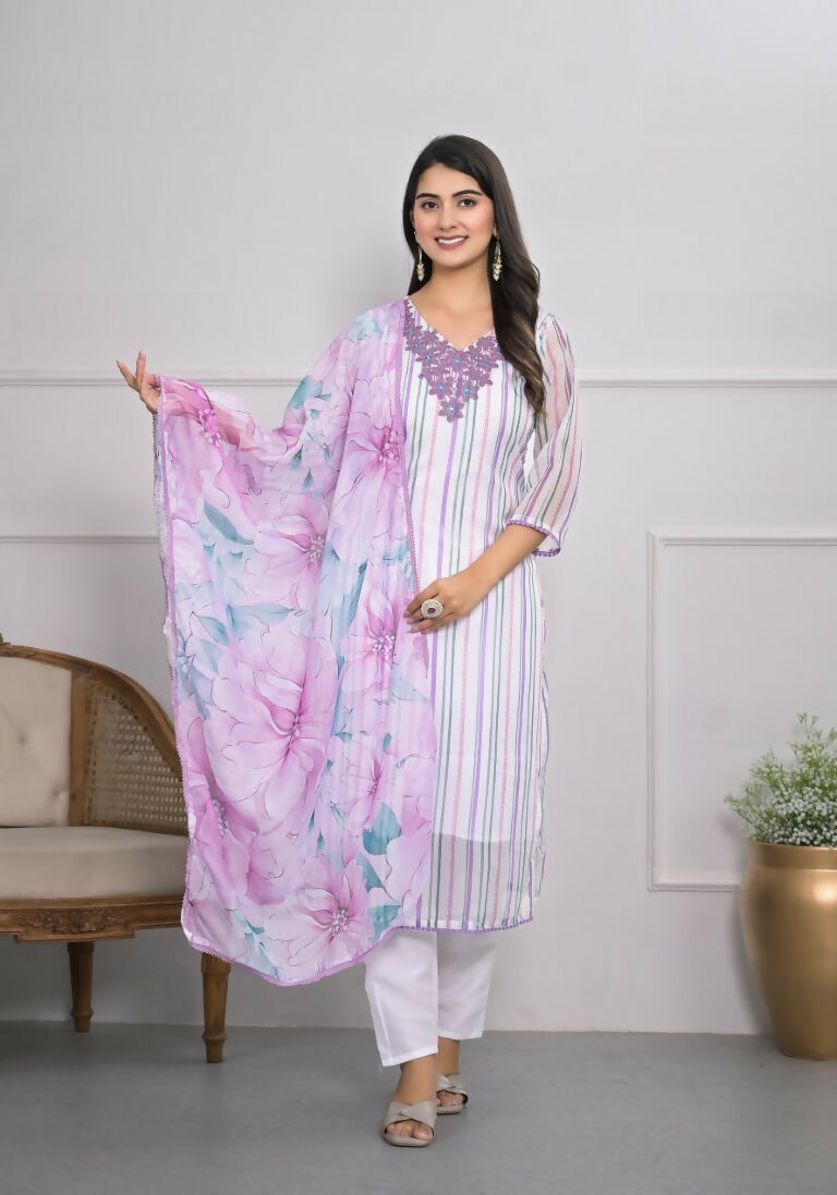 White Viscose Silk Embroidery with Thread and sequence Stitched Suit With Dupatta - Tanisha