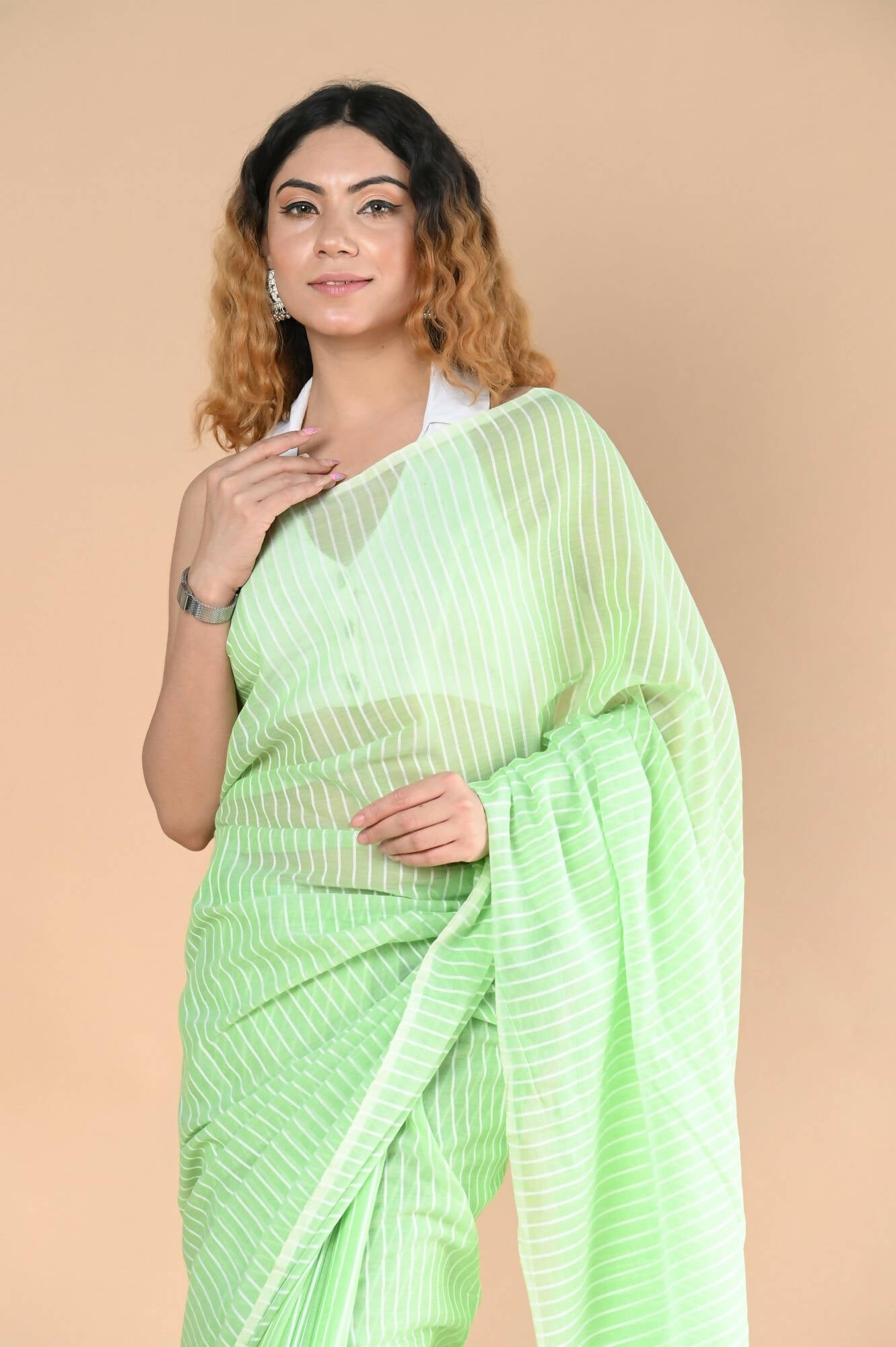 Very Much Indian Designer Pure Cotton Saree With All Over Linear Stripes - Fern Green