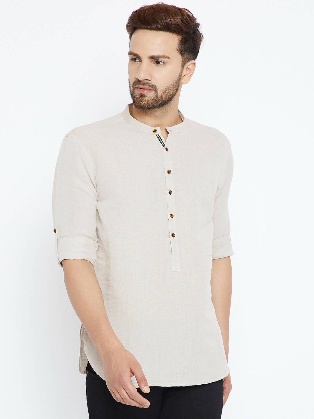 Even Apparels Beige Linen Linen Men's Kurta With Band Collar