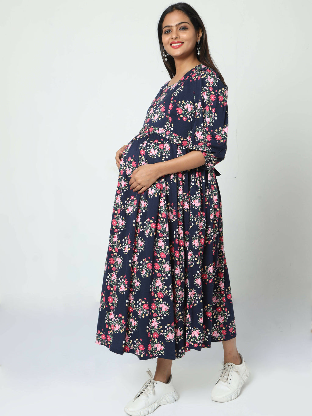 Manet Three Fourth Maternity Dress Floral Print With Concealed Zipper Nursing Access - Navy Blue