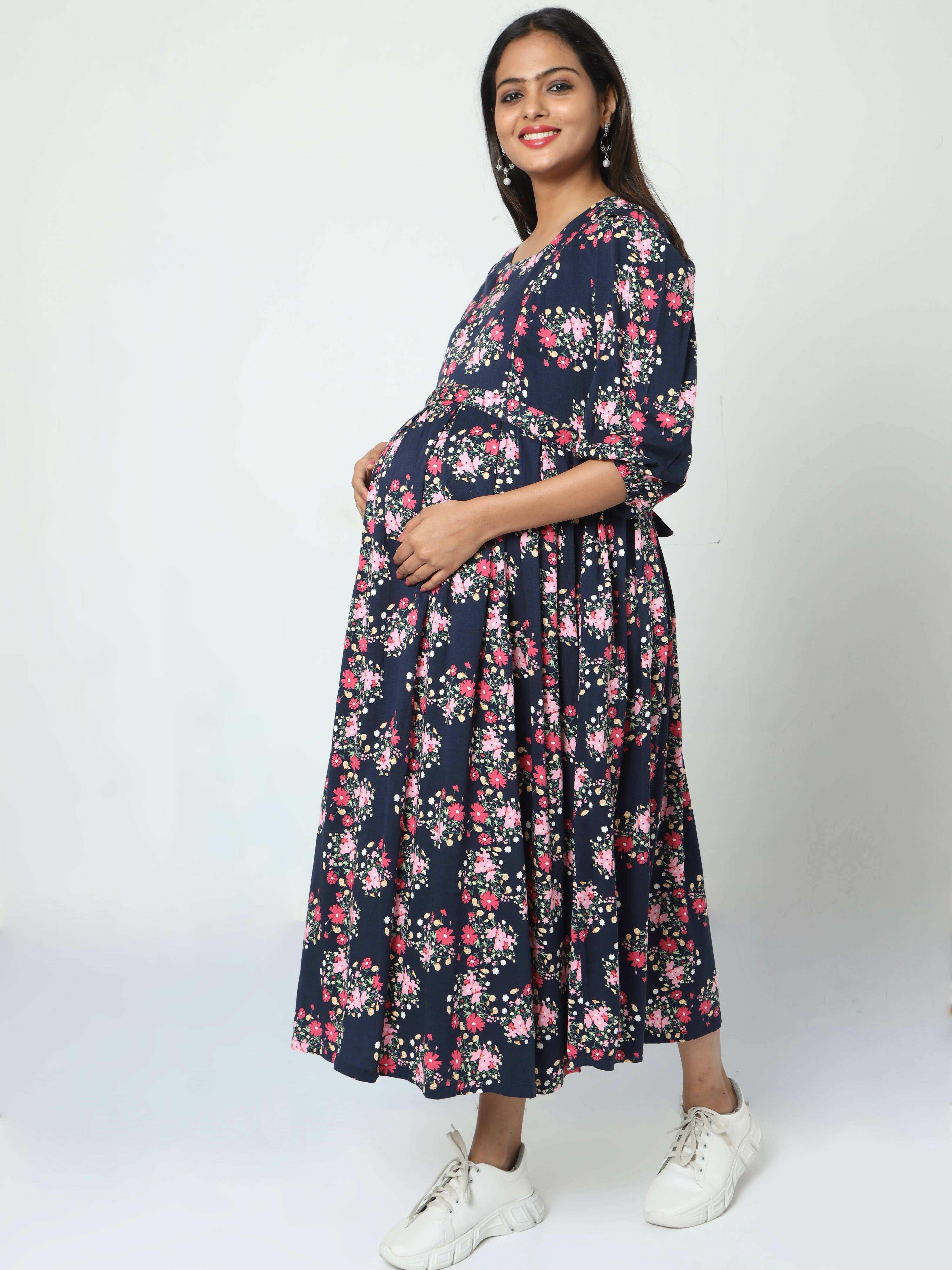 Manet Three Fourth Maternity Dress Floral Print With Concealed Zipper Nursing Access - Navy Blue
