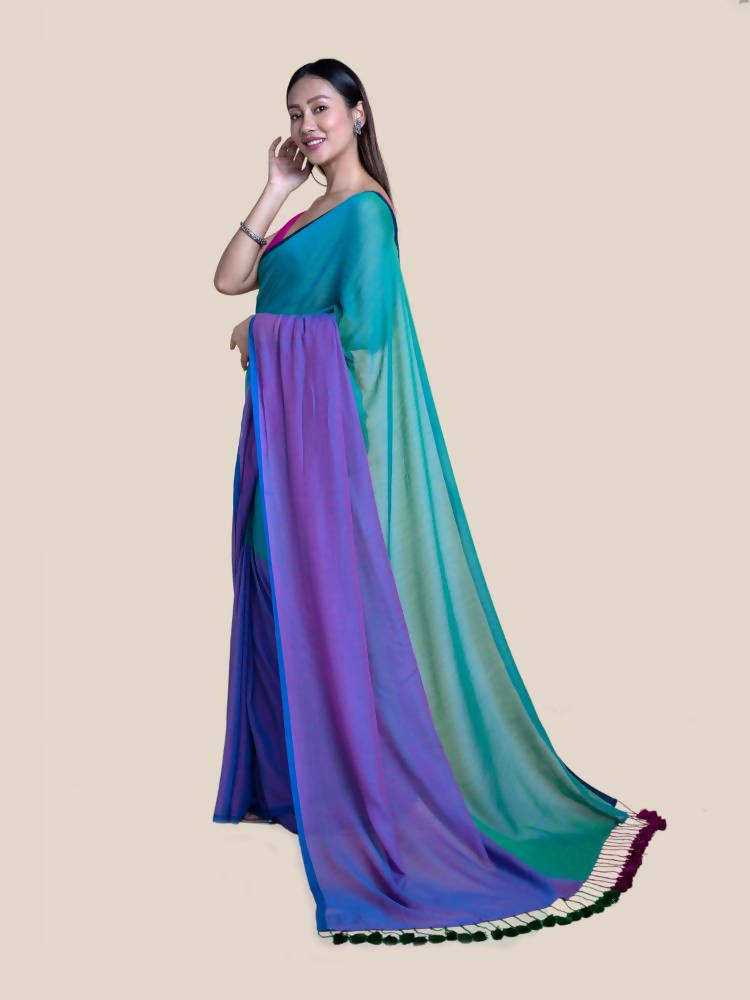 Suta Purple Green Colourblocked Mul Saree