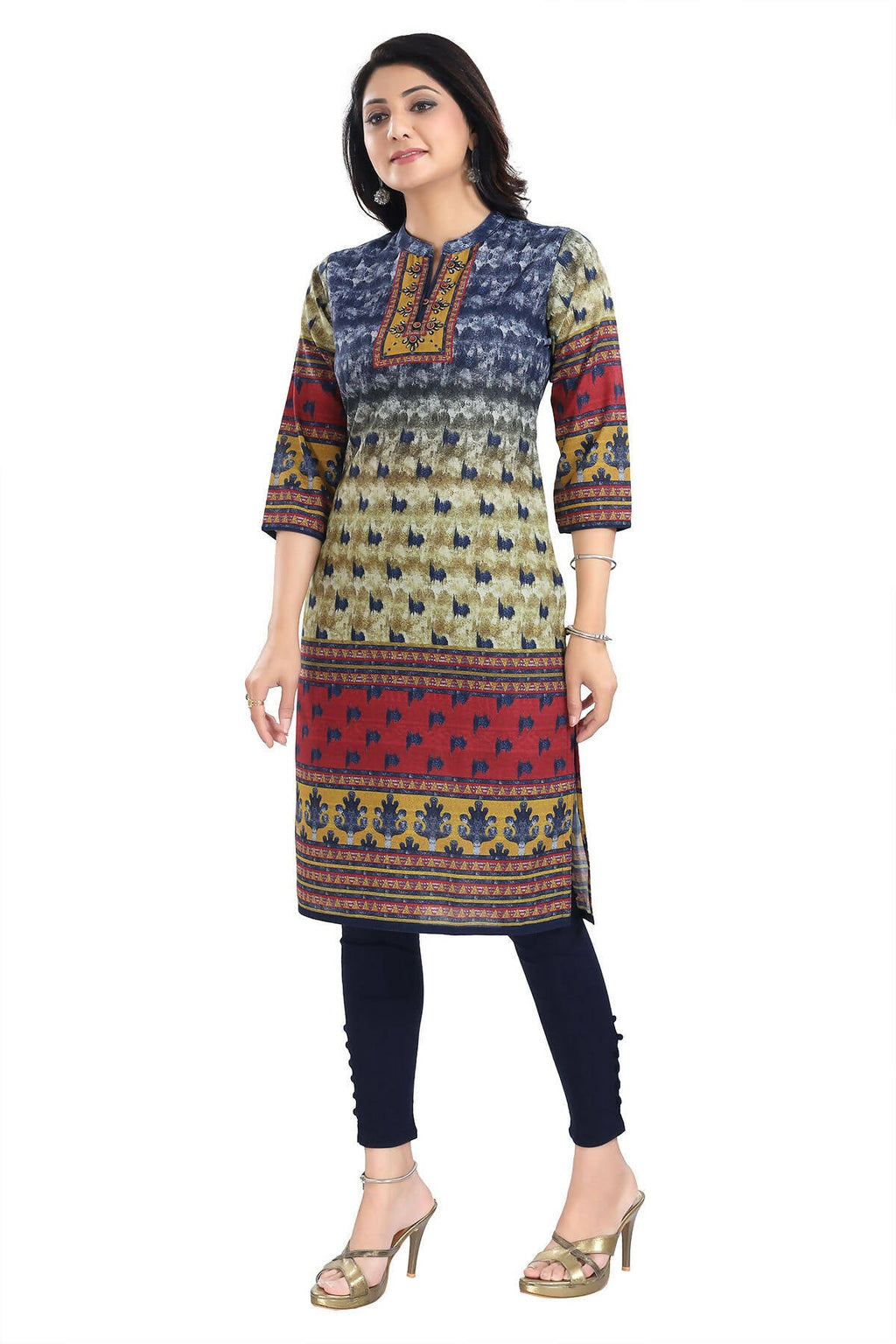 Snehal Creations Multicolored Designer Digital Print Cotton Slub Fabric Long Kurti Tunic