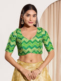 Joban Fashion Parrot Green Chiffon Padded Blouse With Square Neck Elbow Sleeves