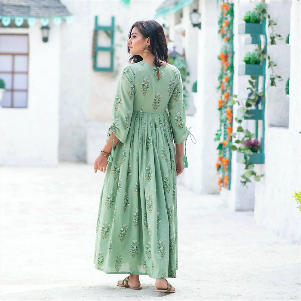 Partywear Designer Digital Printed Moss Green Pure Maslin Gown - Anbazaar