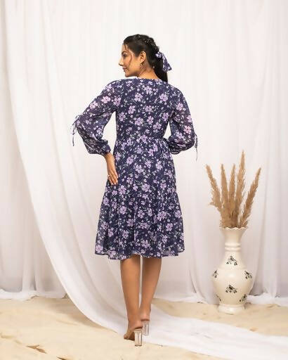 FIORRA Women's Blue Georgette Floral Printed Western Dress
