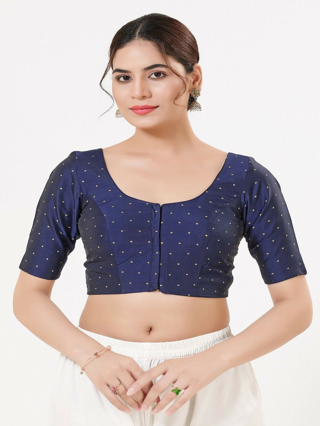 Joban Fashion Navy-Blue Taffeta Silk Elbow Sleeveless Front Open Blouse