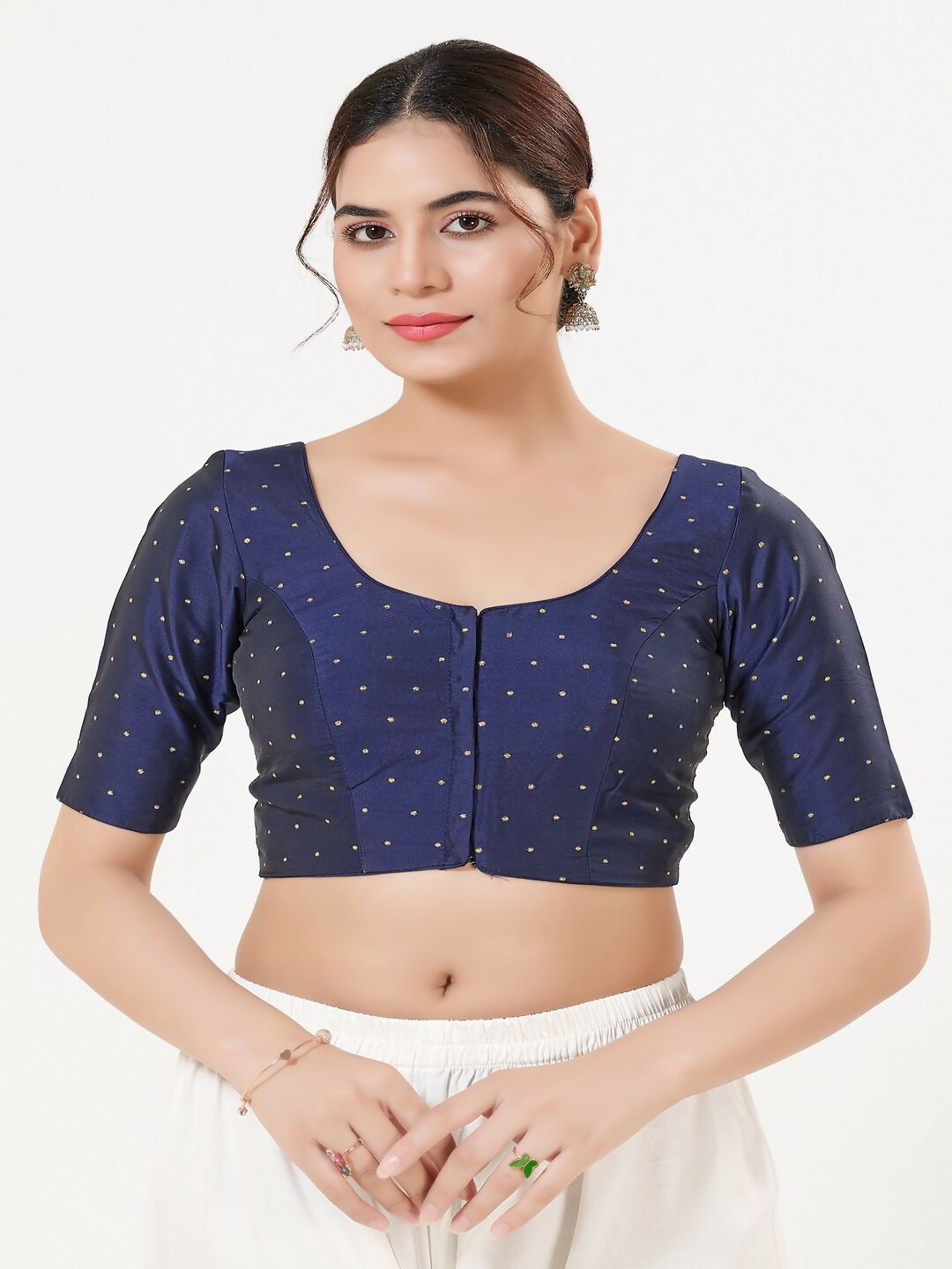 Joban Fashion Navy-Blue Taffeta Silk Elbow Sleeveless Front Open Blouse
