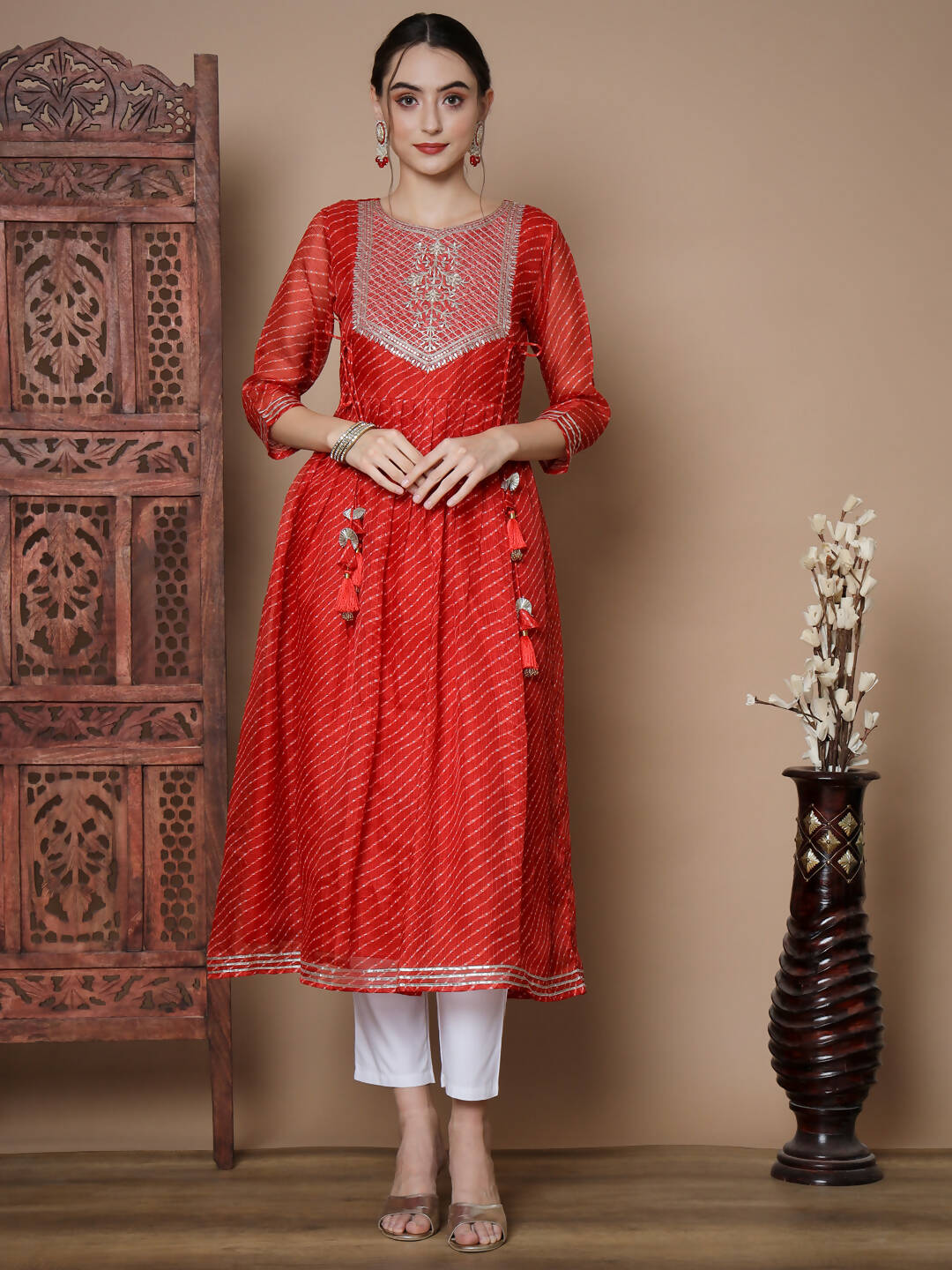 Myshka Women's Red Anarkali Kurta & With Dupatta