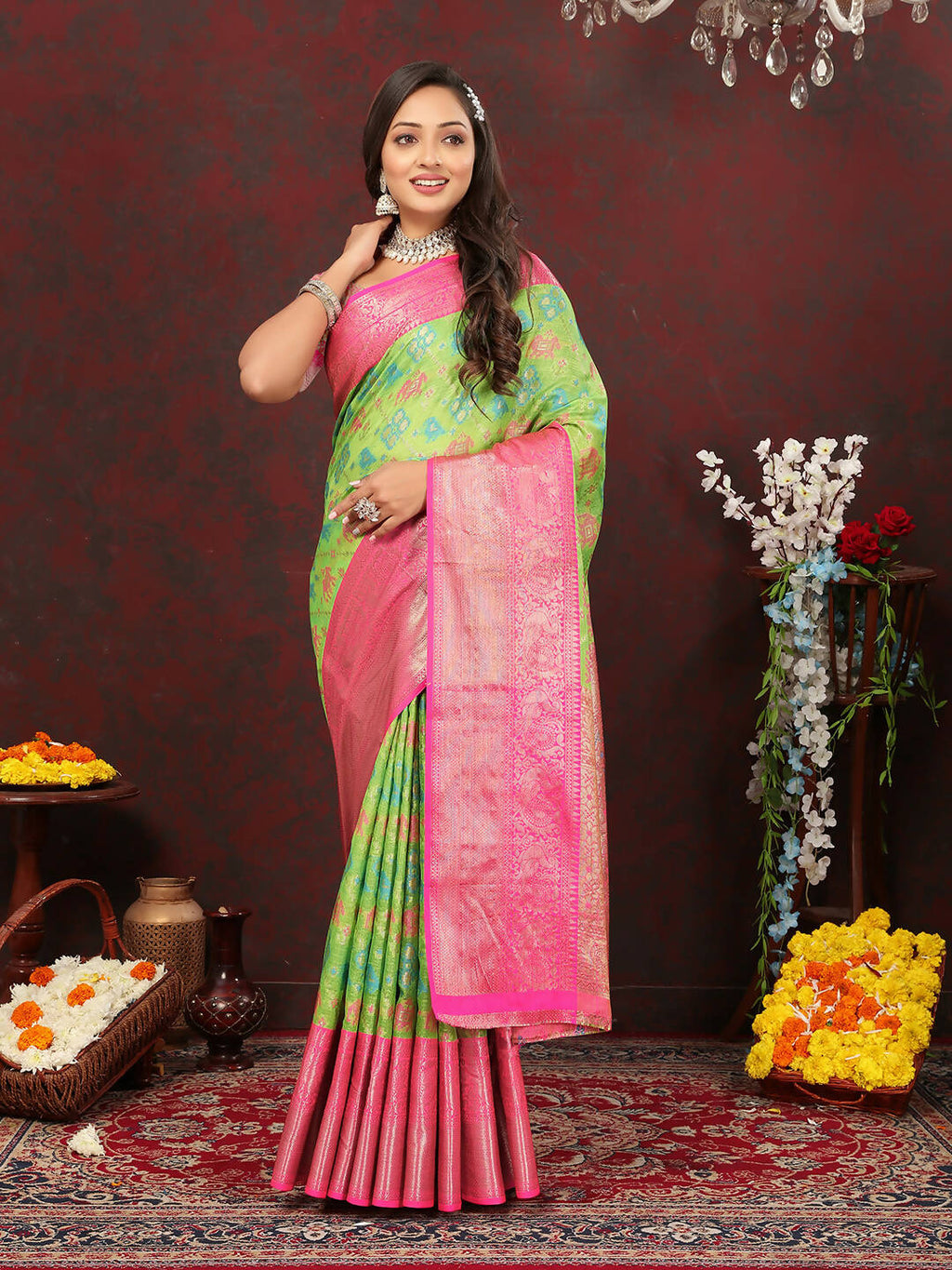 Lorenvalley Fashion Green Cotton Woven Design Zari Meenakari Weaving Saree