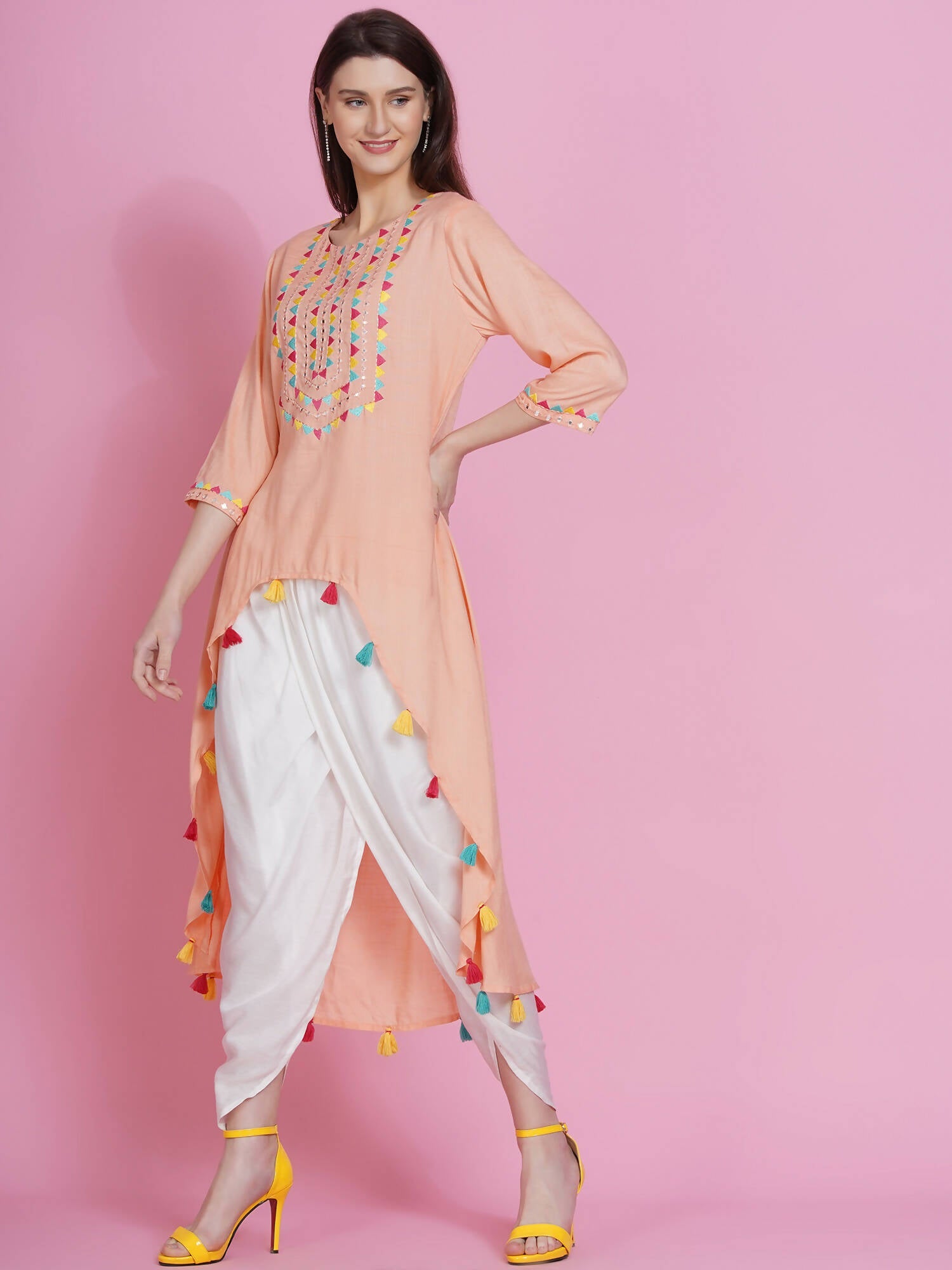 Women Republic Peach Rayon Embroidered Kurta With Mirror Work And Tulip Pants