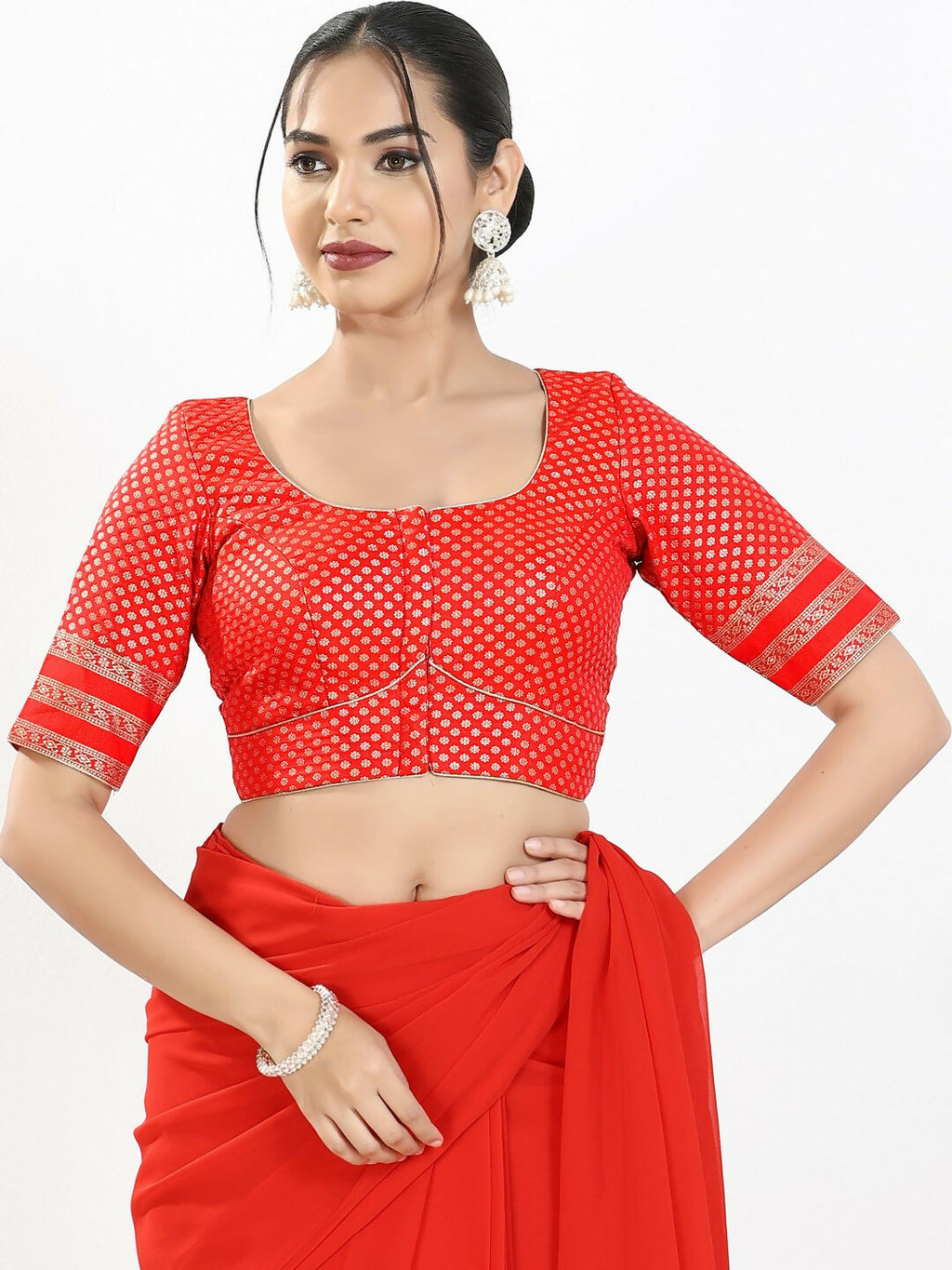 Joban Fashion Red Brocade Padded Blouse With Round Neck Elbow Sleeves