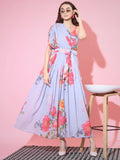 Myshka Women's Grey Floral Printed Empire Dress