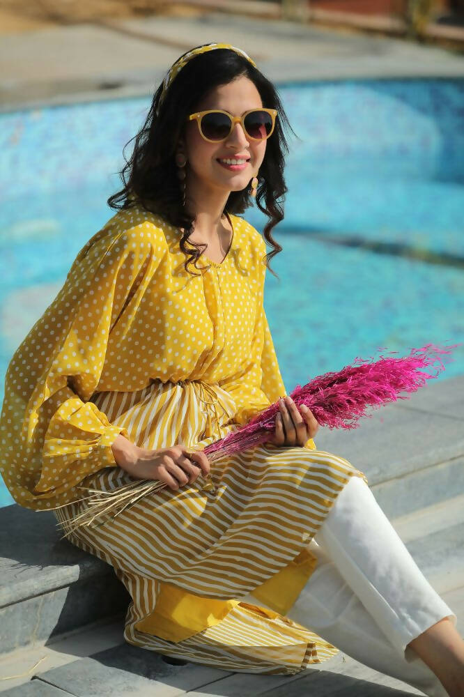 Juniper Women Mustard Georgette Bandhani High-Low Tunic