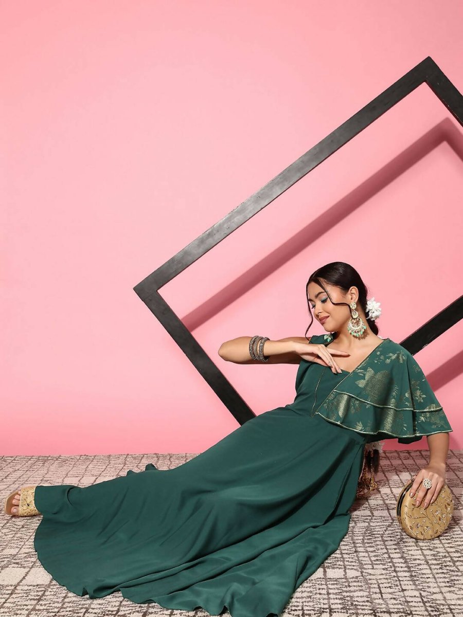 Ahalyaa Gorgeous Green Ethnic Motifs Ruffled Dress