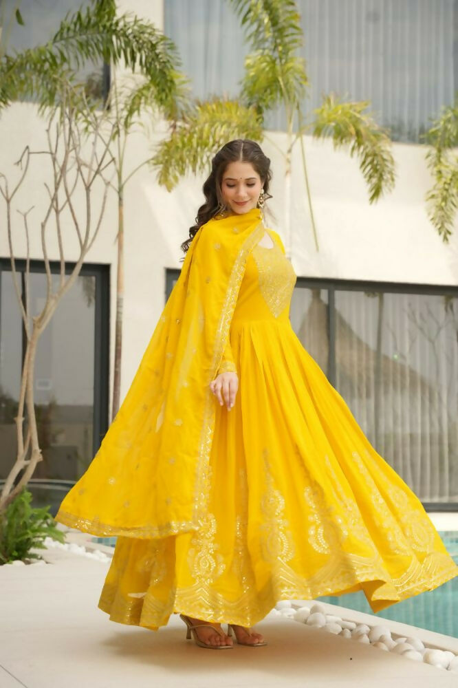 Vastranavya Yellow Faux Blooming with Embroidery Zari Sequins Work Gown