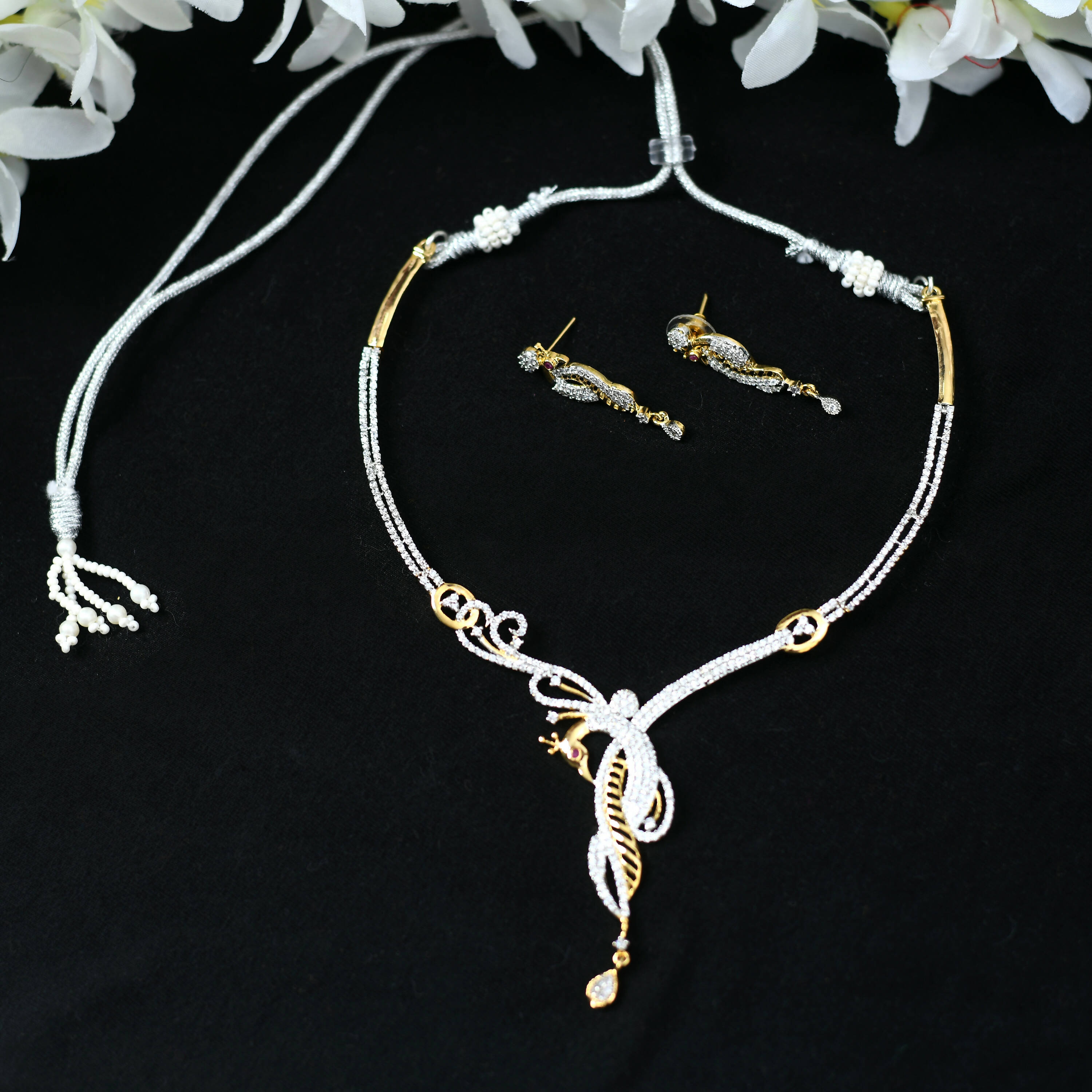Mominos Fashion Johar Kamal Silver-Plated American Diamond Choker Set