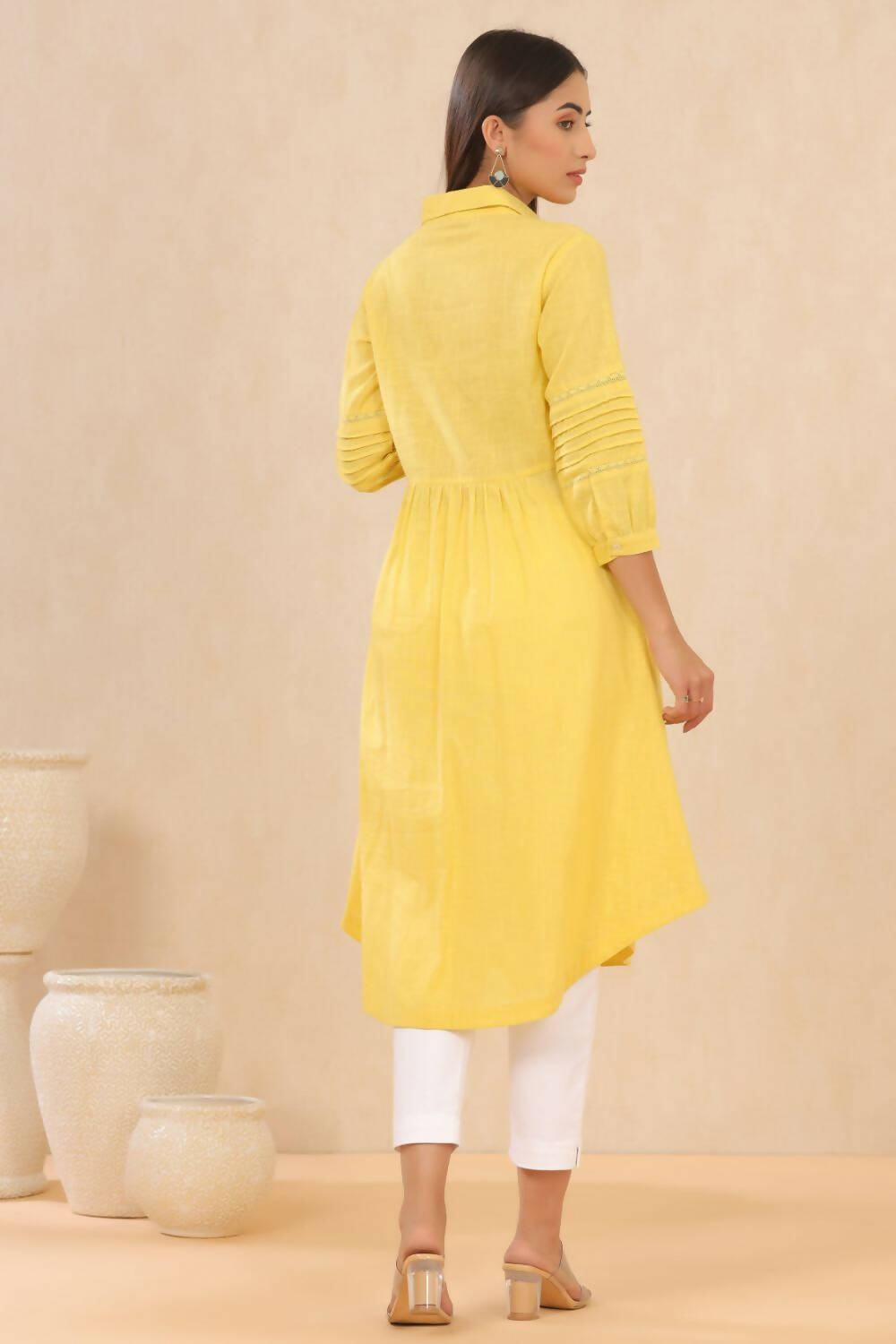 Juniper Womens Blush Yellow Cotton Slub Solid Mid Length Shirt Dress With Lace Detailing