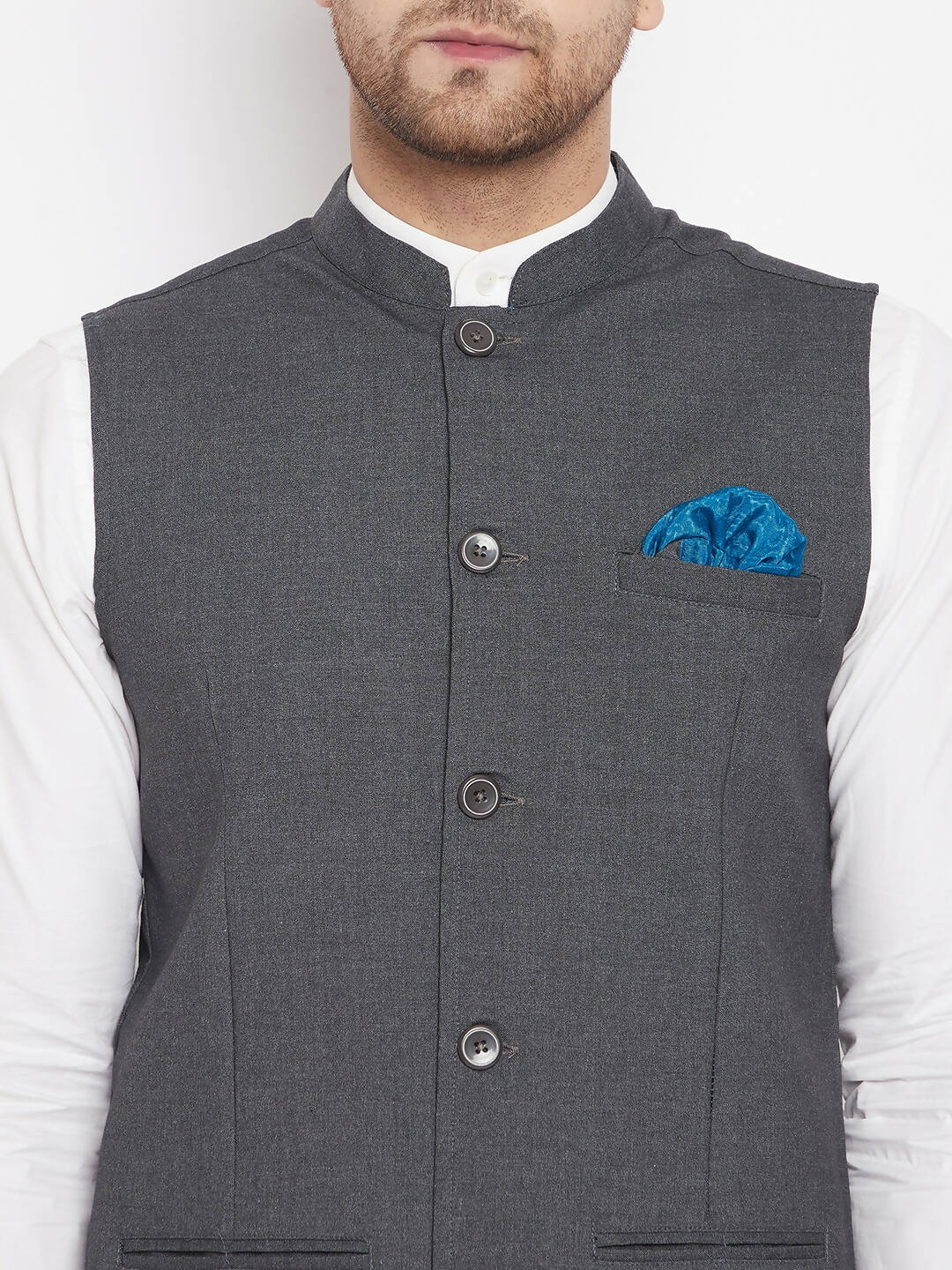 Even Apparels Men's Grey Merino Nehru Jacket-Contrast Lining-Free Pocket Square