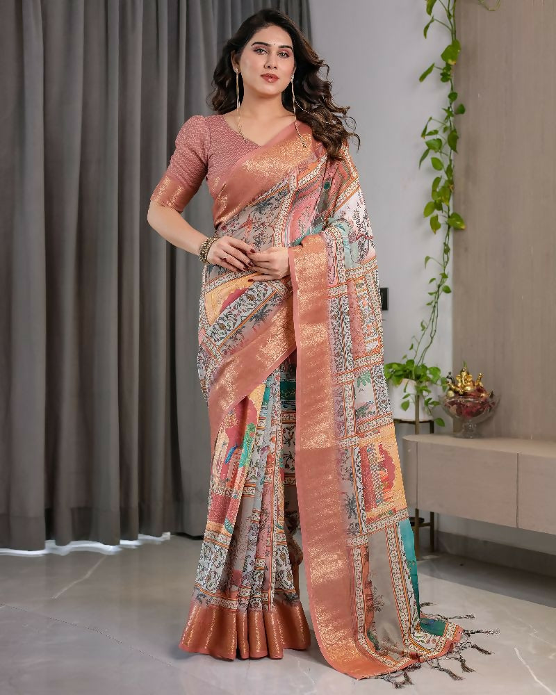 PR Fashion Peach Pure Handloom Linen Saree