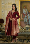 Juniper Women's Maroon Zari Embroidered Viscose Kurta Pant And Dupatta Set With Sequins & Lace