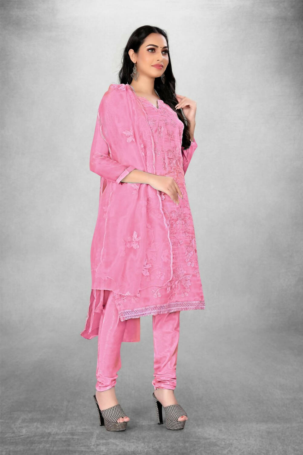 Pink Heavy Organza Silk Embroidered Unstitched Dress Material - Amara