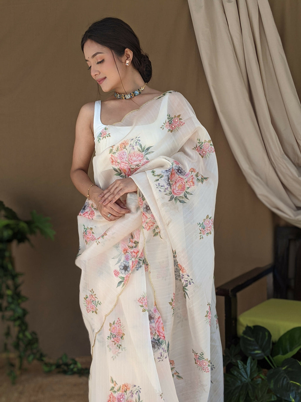 Vamsee Khadi Khatali Cream Khadi Organza Saree