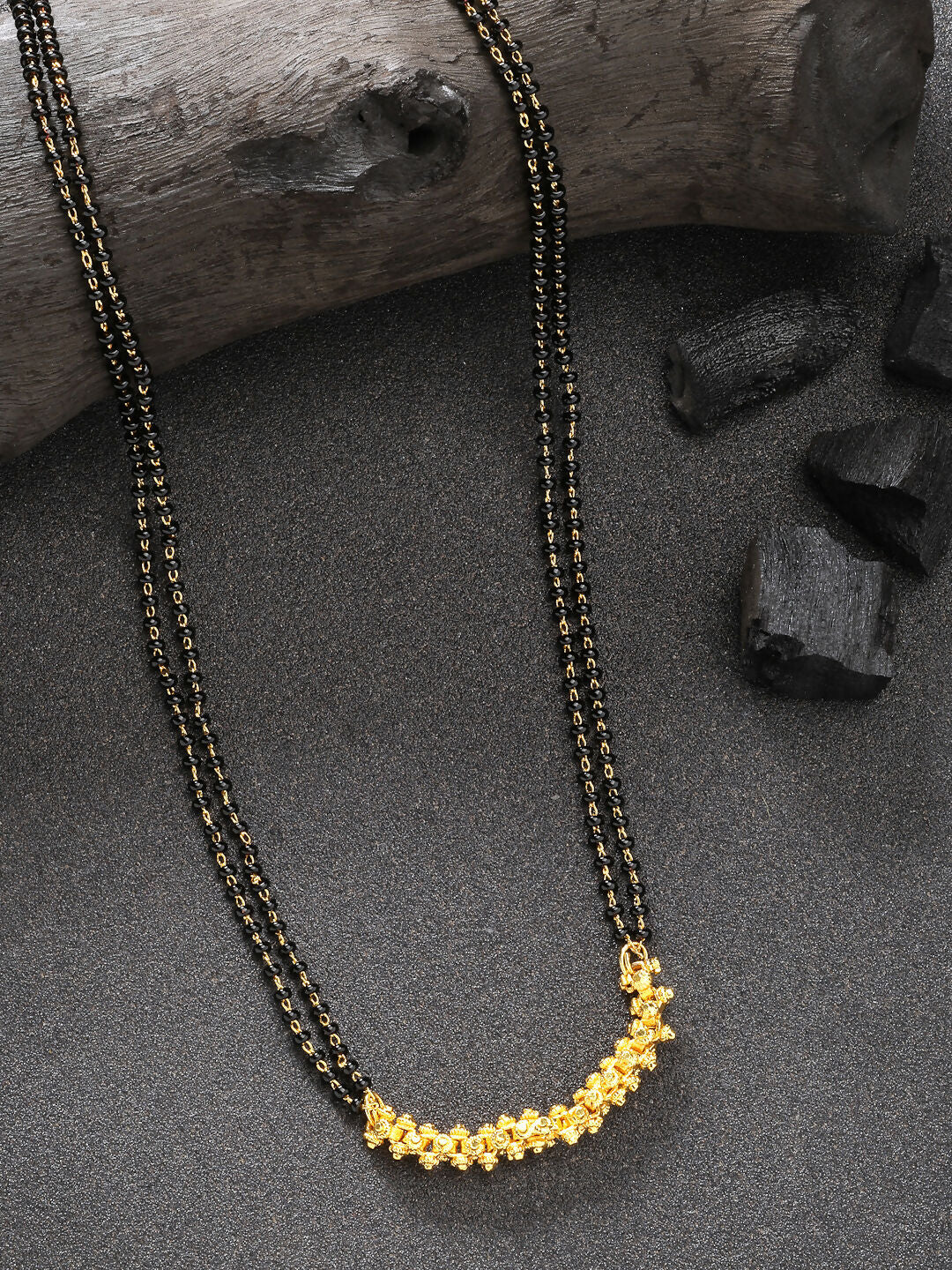 NVR Women's Gold-Polished Black Beaded Mangalsutra