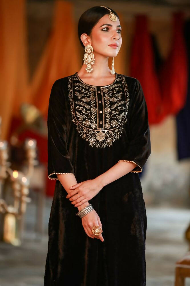 Juniper Women Black Velvet Embroidered Straight Kurta Sets