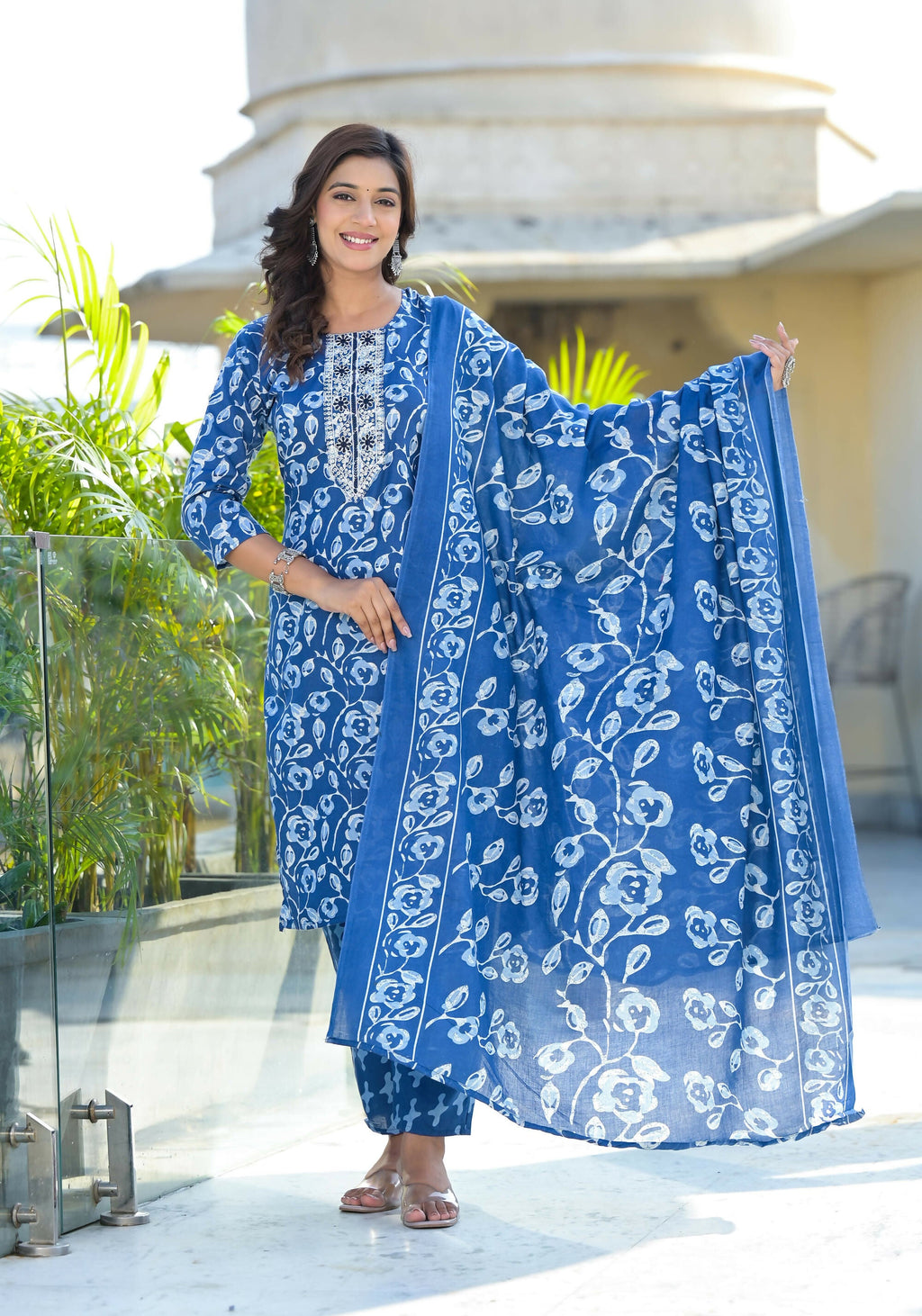 Juniper Women's Blue Floral Printed Cotton Kurta Set With Thread Work & Sequins