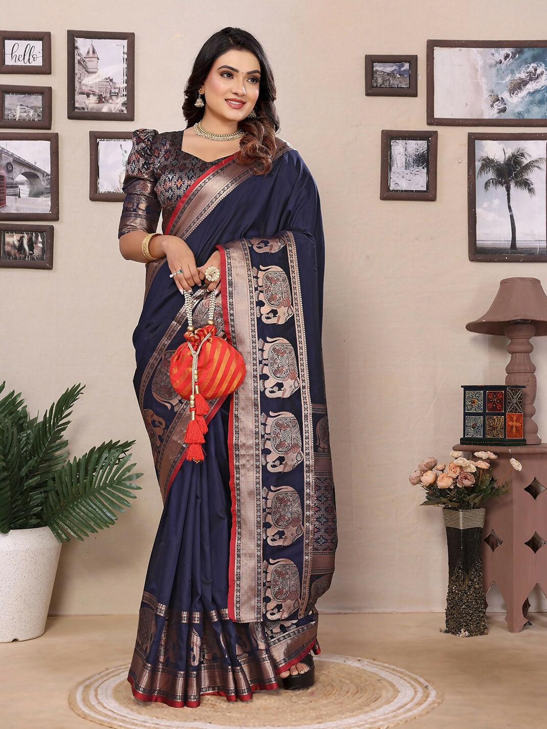 Joban Fashion Dark Blue Solid Banarasi Silk Sarees