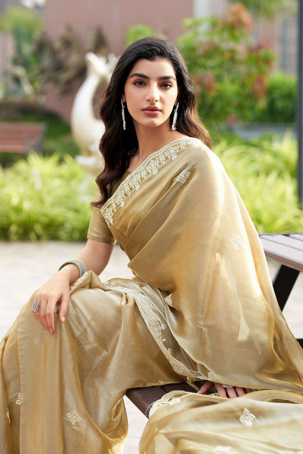 Vastranavya Beige Embroidery Work Shimmer Chiffon Saree with Unstitched Blouse