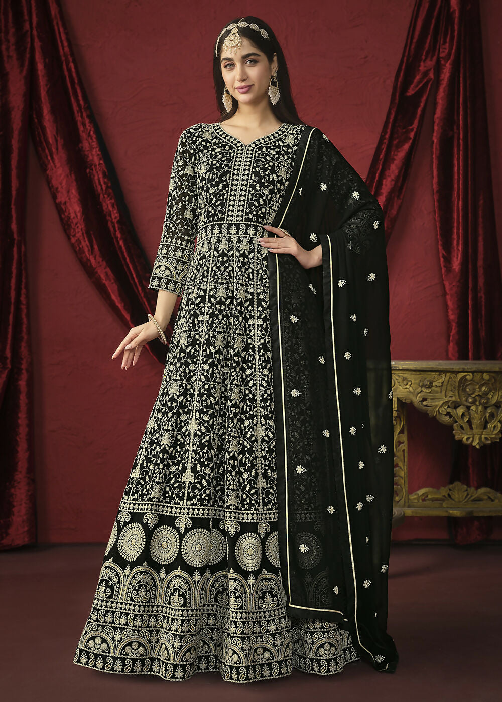 Stunning Black Front & Back Embroidered Trendy Anarkali Suit - Emponline