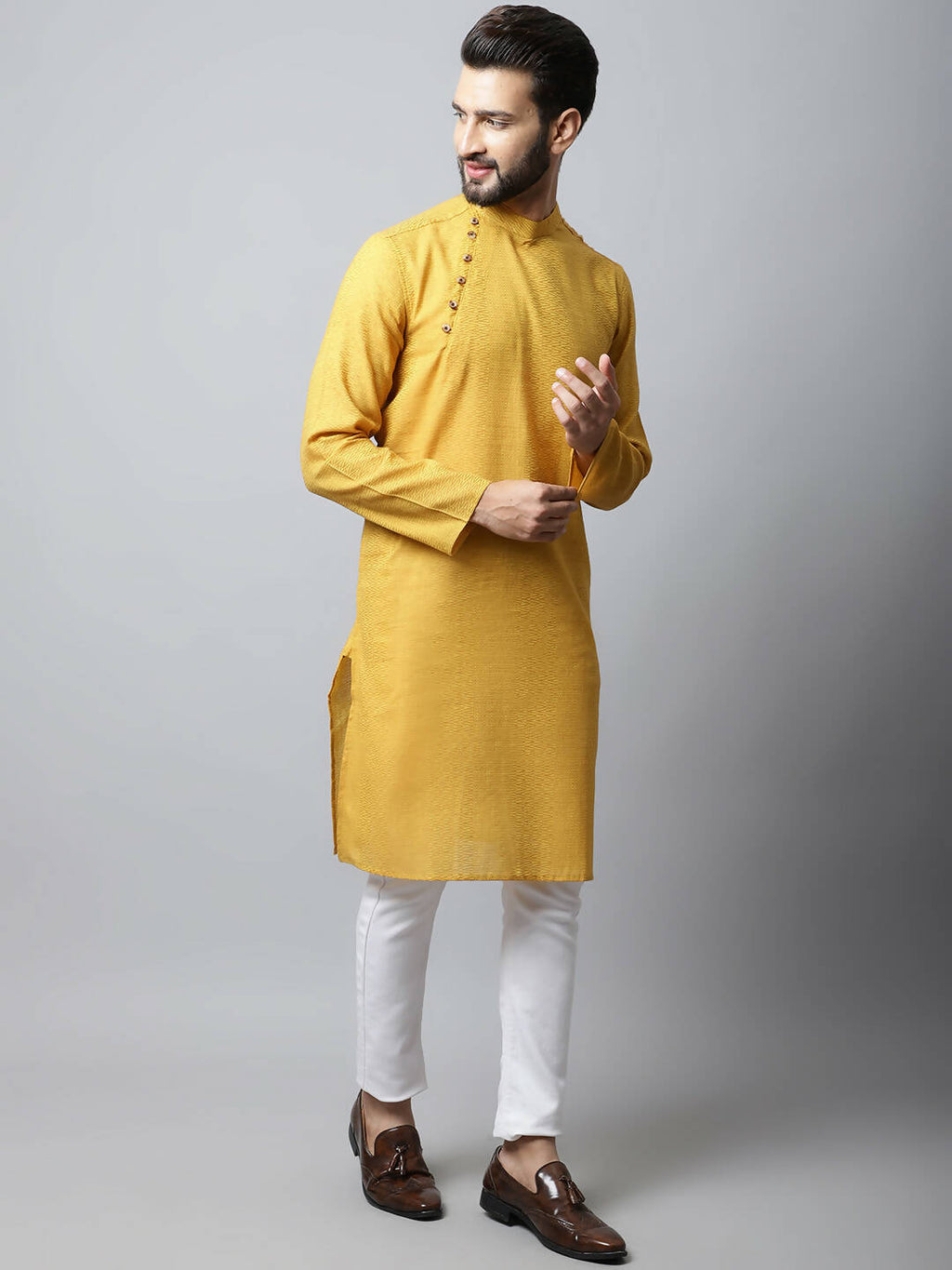 Even Apparels Yellow Color Pure Cotton Men's Kurta With Side Placket (SLD1192)