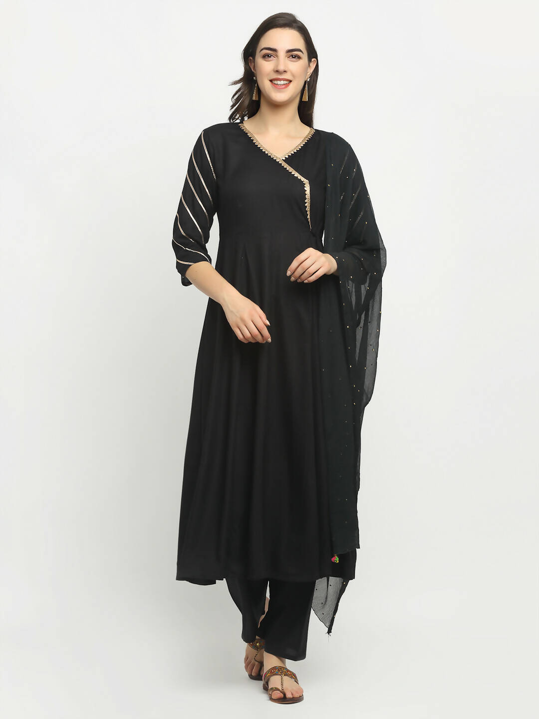 Rudra Bazaar Black Angrakha Style Flared Kurta with Pyjamas & Dupatta