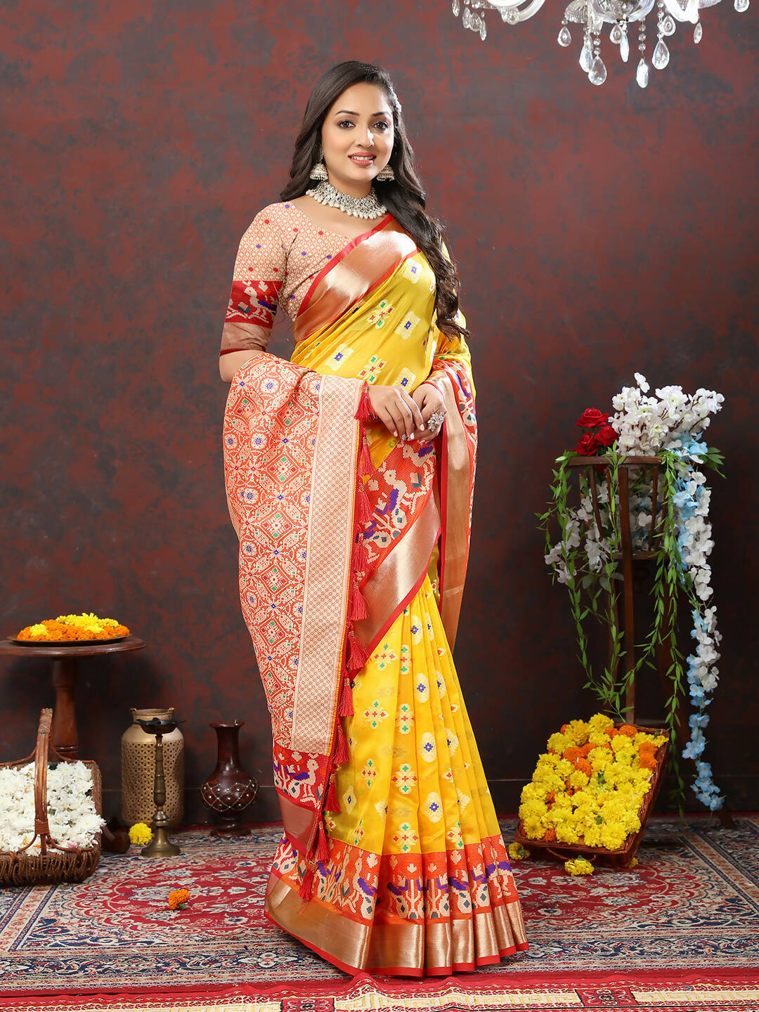 Lorenvalley Fashion Yellow Organza Silk Woven Design with Meenakari Weaving Saree