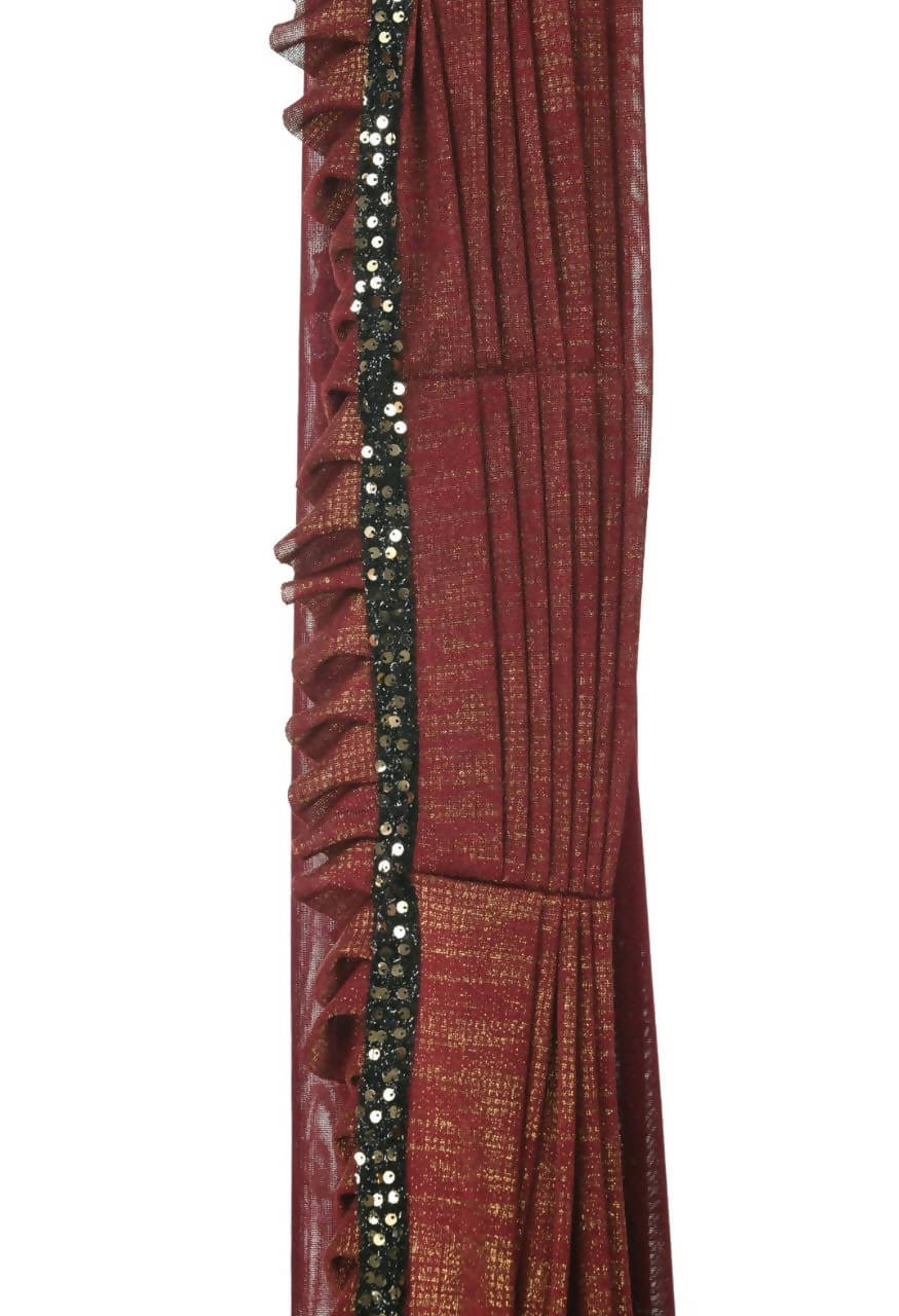 Mominos Fashion All Season Wear Rust And Black Ruffled Ready To Wear Saree