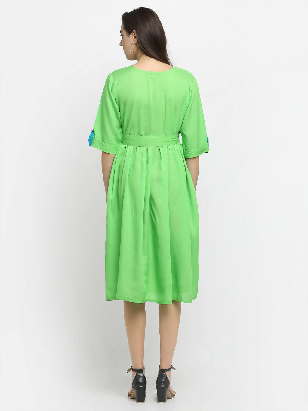 Rudra Bazaar Lime Green Flared Kurta with Belt