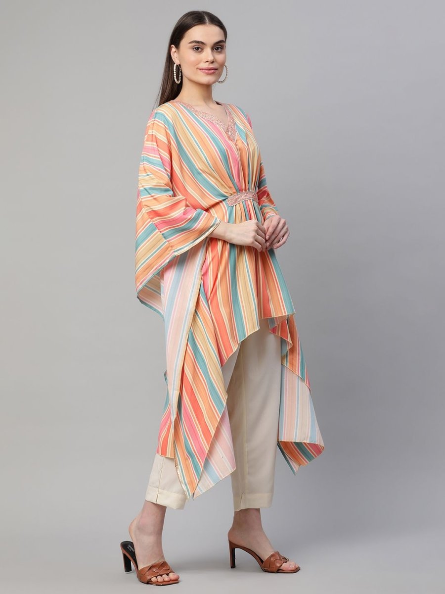 Ahalyaa Women Multi Color Crepe Striped Printed Kaftan Kurta With Trousers