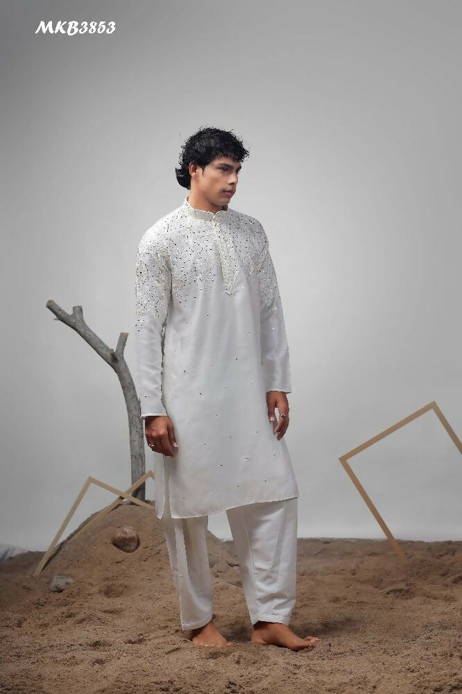 White Greek Satin Heavy Embroidery Work Kurta Set - Mahotsav