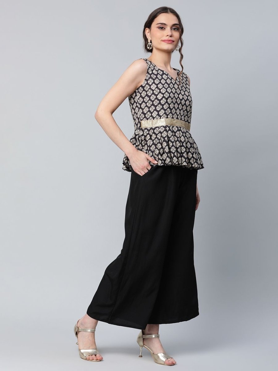 Ahalyaa Women Black Crepe Digital Printed Top with Palazzo Set