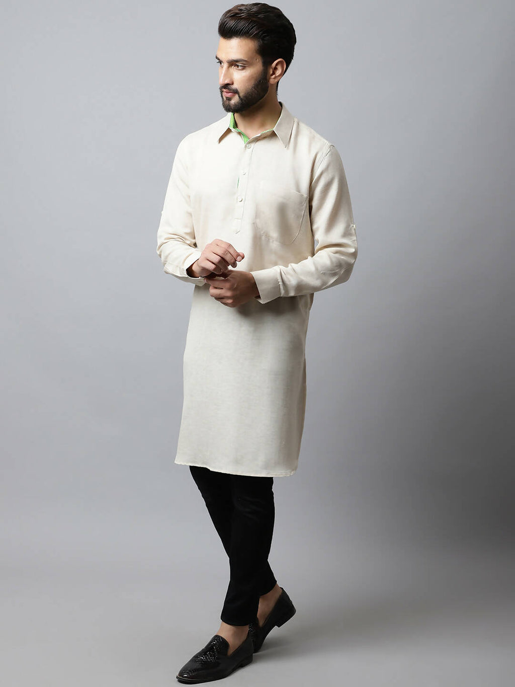 Even Apparels Cream Color Cotton Solid Men's Kurta With Shirt Collar (LN027)