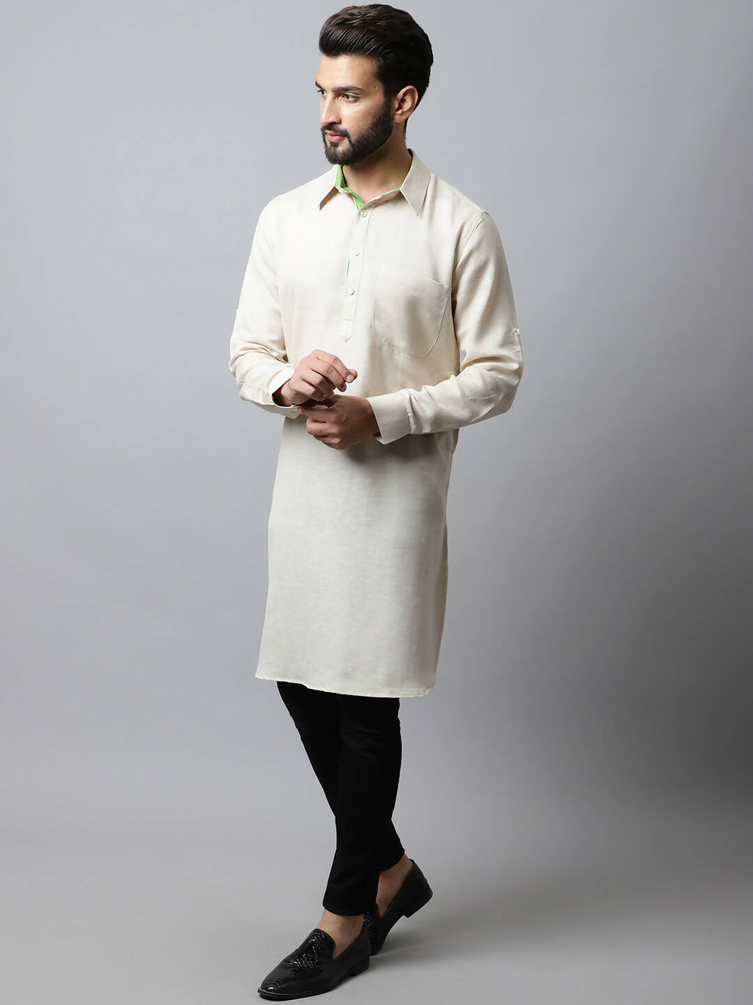 Even Apparels Cream Color Cotton Solid Men's Kurta With Shirt Collar (LN027)