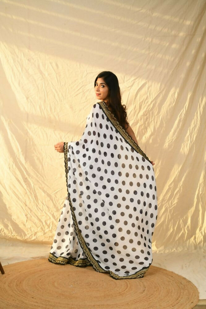 Vamsee Polka Dot Black & White Nylon Saree