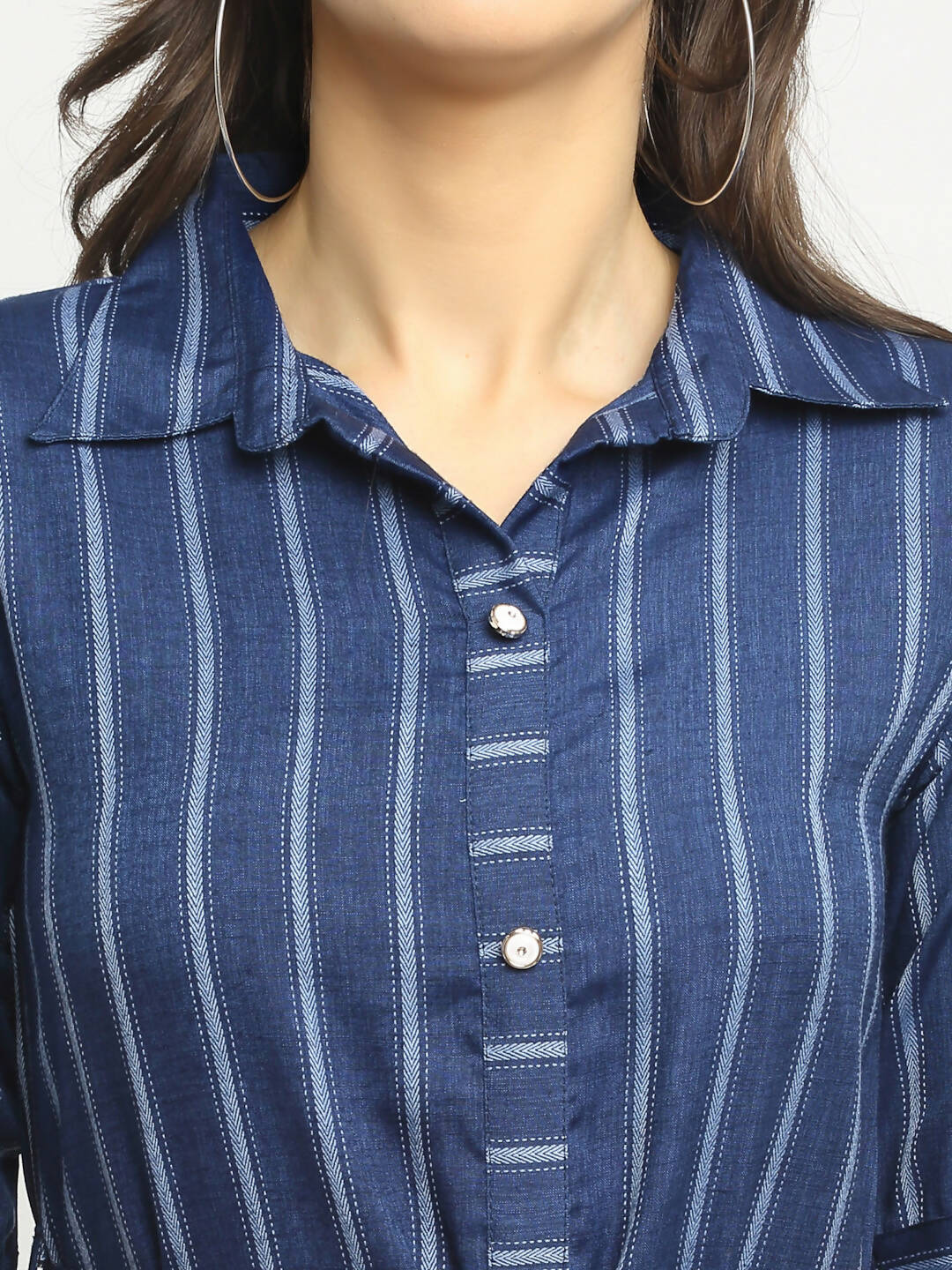 Rudra Bazaar Blue A-Line Striped Kurta