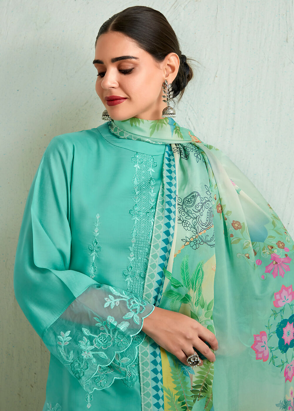 Turquoise Blue Pure Muslin Resham Embroidered Salwar Suit - Emponline