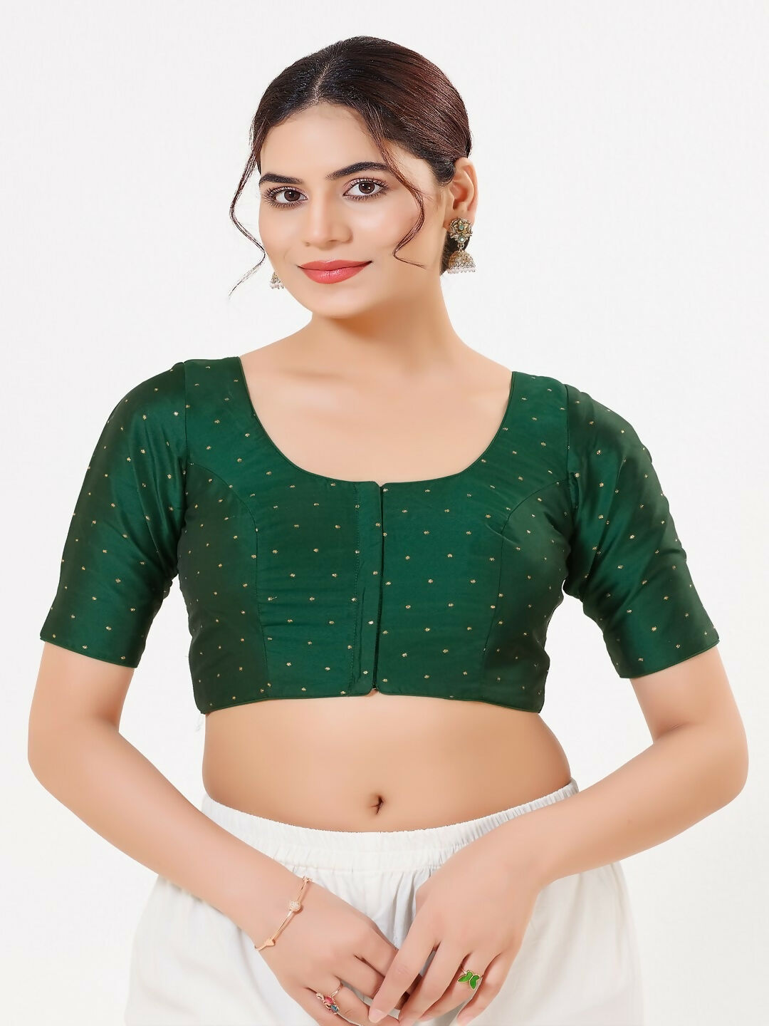 Joban Fashion 2T Bottle-Green Taffeta Silk Elbow Sleeveless Front Open Blouse