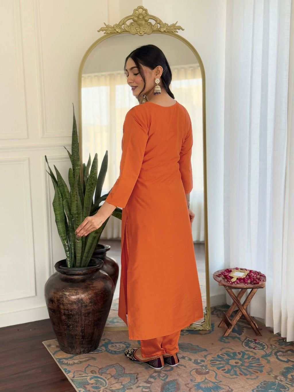 The52 Orange Women's Gorgeous Embroidered Rayon Fabric with Straight Kurta, Pant and Dupatta Set